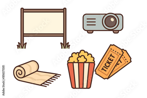 Outdoor cinema essentials set with projector, screen, blanket, popcorn, and tickets
