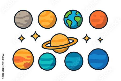 Colorful cartoon set of planets and celestial bodies including Earth, Saturn, and cosmic elements