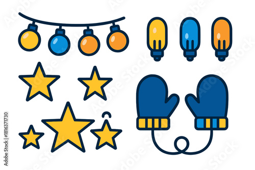Collection of winter holiday elements including string lights, decorative stars, and warm blue mittens
