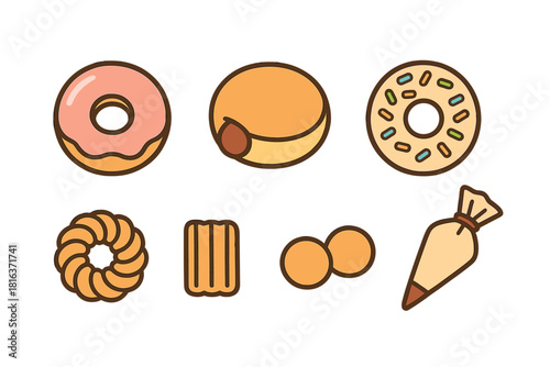 Colorful set of sweet donuts, churros, and baking equipment icons for pastry shops