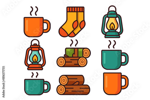 Cozy camping and hiking essentials: steaming mugs, warm socks, vintage lanterns, and stacked firewood logs