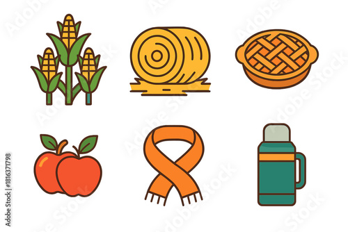 Cozy autumn harvest items: corn, hay bale, pie, apples, scarf, and thermos