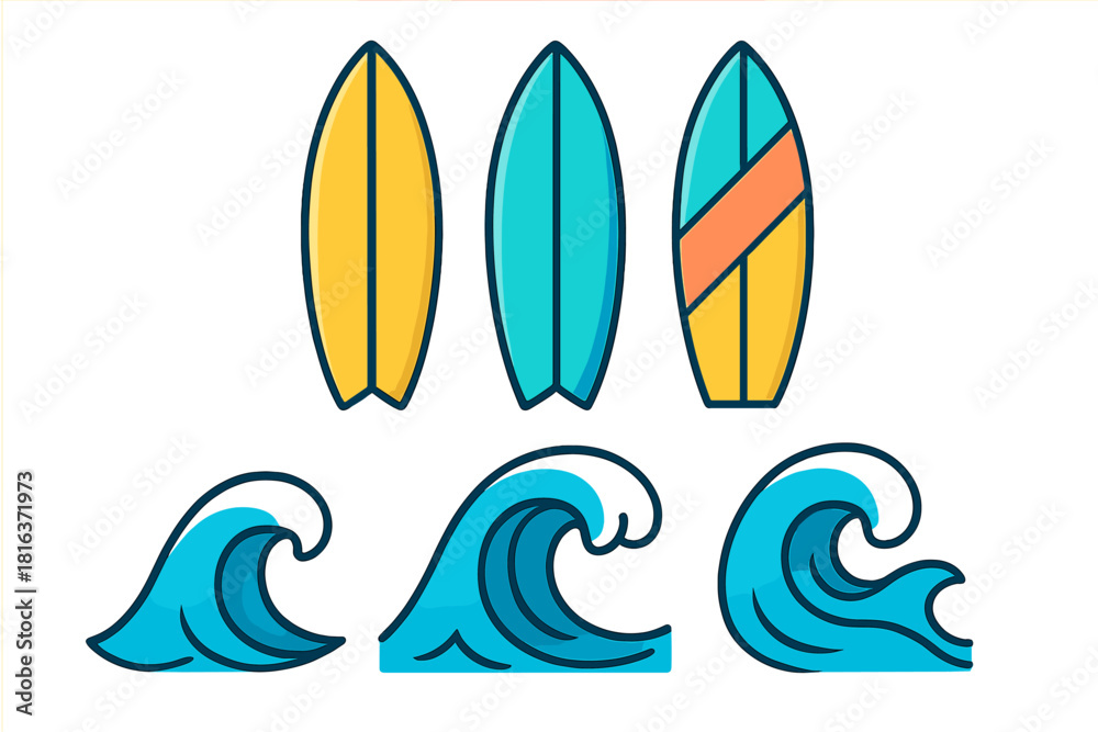Fototapeta premium Colorful surfboards and ocean waves icons representing summer beach vacation and surfing activity