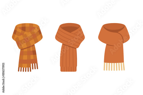 Three cozy autumn scarves in shades of orange and brown for cold weather fashion