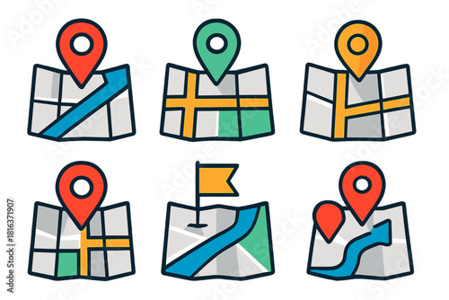 Colorful folded map icons set for navigation and GPS location tracking