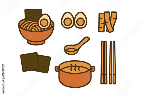 Japanese ramen dish ingredients and serving tools, including noodles, eggs, and seaweed