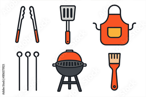 Essential outdoor grilling equipment set including charcoal barbecue, cooking apron, and various utensils