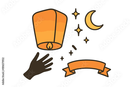 Hand releasing a glowing orange paper lantern into the night sky with sparkling stars and a crescent moon