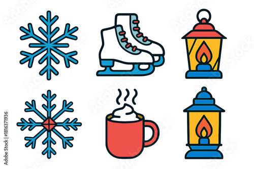 Winter season icons with snowflakes, ice skates, hot beverage mug, and vintage lanterns