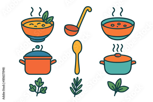 Colorful kitchen utensils, cooking pots, hot soup bowls, and fresh herbs set