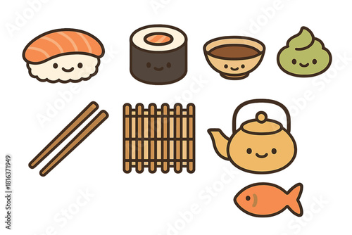 Cute kawaii style collection of traditional Japanese food and dining accessories