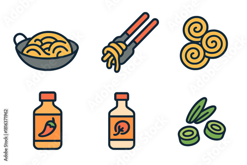 Popular Asian cuisine ingredients and dishes including noodles, sauces, and fresh scallions