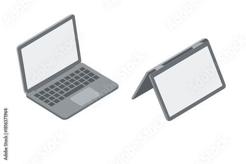 Isometric view of a modern gray laptop computer and convertible tablet device with blank screens