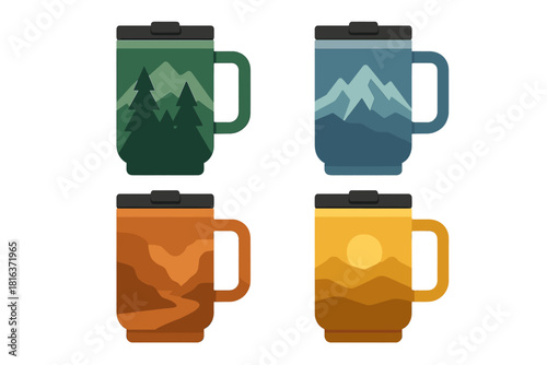 Four insulated camping mugs with stylized nature scenes: pine trees, snowy peaks, river canyon, desert sunset