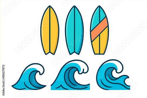 Colorful surfboards and ocean waves icons representing summer beach vacation and surfing activity