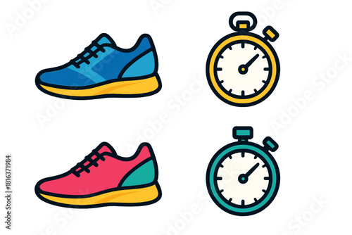 Colorful athletic running shoes and chronometers for fitness and sports timing