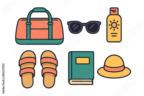 Set of essential summer vacation items including travel bag sunglasses sunscreen and hat