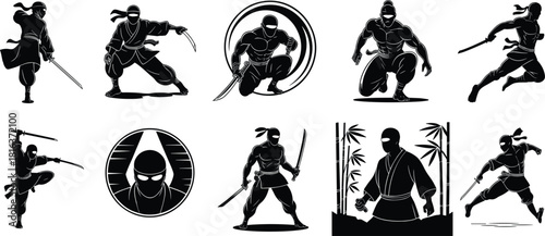 Dynamic ninja warrior silhouettes in action poses with swords, martial arts movements, samurai style fighters and combat illustrations for design projects