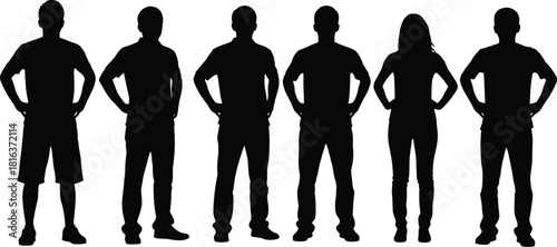Collection of diverse casual people vector silhouettes, isolated men and women standing in relaxed poses, ideal for architectural scale, infographic, and web graphics