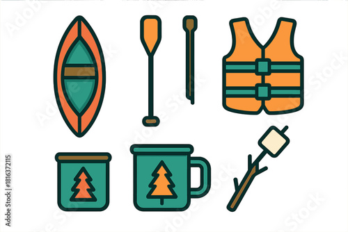 Essential camping and outdoor recreation gear set including canoe paddle life jacket and roasting marshmallow stick