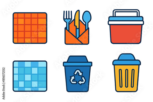 Colorful picnic items, outdoor dining elements, and waste disposal bins