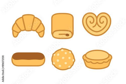 Popular sweet pastries and desserts icons set featuring croissant eclair and palmier