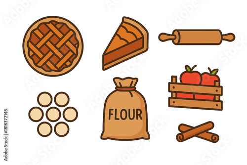 Ingredients and tools for baking apple pie including fruit, spice, dough, and equipment