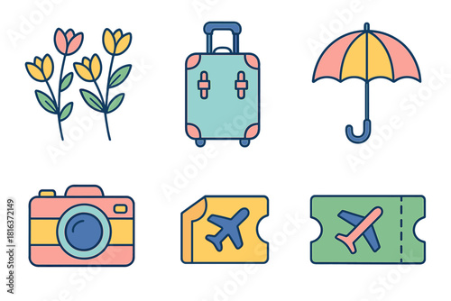 Flat design icons set featuring travel, vacation, leisure, and daily life elements