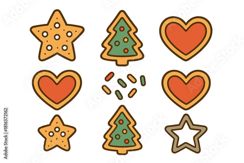 Festive gingerbread cookies in star, heart, and Christmas tree shapes with colorful sprinkles