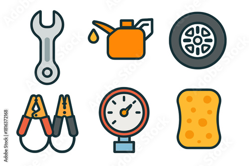 Set of essential tools and accessories for automotive repair and vehicle maintenance
