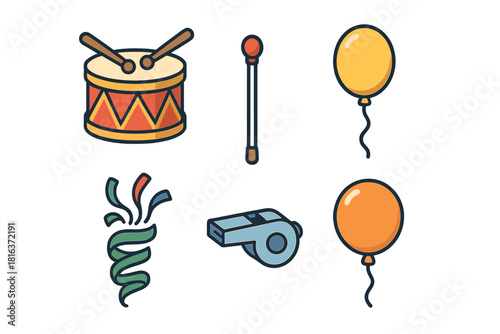 Colorful party and parade celebration objects including drum whistle and balloons