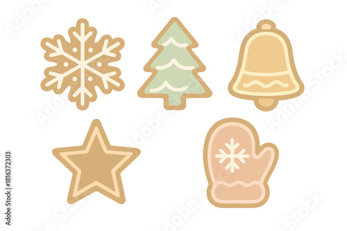 Decorated Christmas gingerbread cookies set in pastel colors on white background