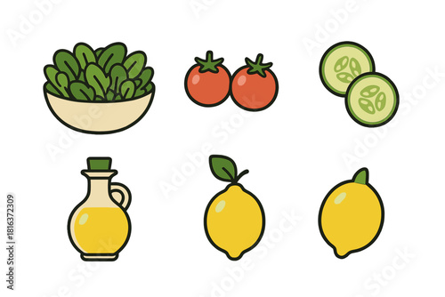 Fresh salad ingredients assortment including lettuce, ripe tomatoes, cucumber, lemons, and olive oil