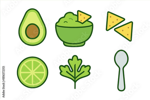 Ingredients and serving items for guacamole preparation: avocado, lime, cilantro, and chips