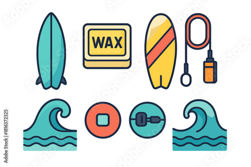 Colorful collection of surfing equipment and ocean elements for summer beach sports