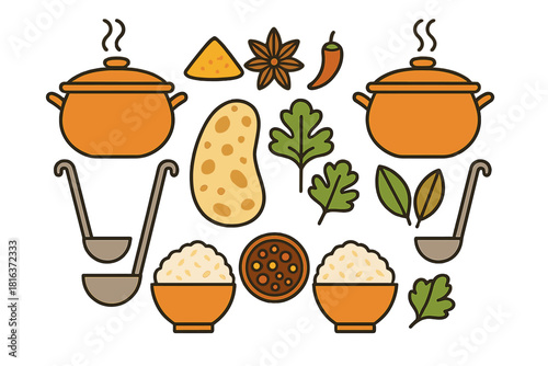 Set of cooking ingredients and kitchen utensils including pots rice spices and herbs