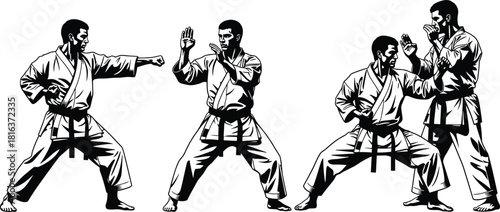 Collection of dynamic karate martial arts vector illustrations, fighters in Gi, performing punching, defense, and sparring action for sport logo design