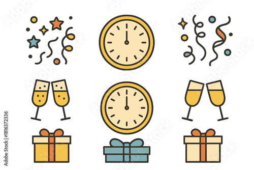 Colorful festive clocks, toasting champagne glasses, confetti, and wrapped holiday presents
