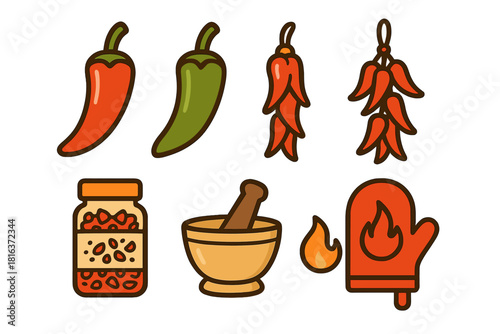 Spicy chili peppers, dried ristras, mortar and pestle, and hot oven mitt set