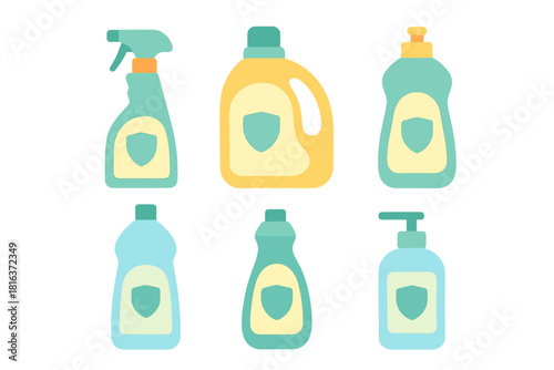Household cleaning and hygiene product bottles featuring protective shield icons