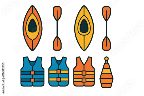 Colorful collection of kayaking and canoeing equipment including boats, paddles, and life vests