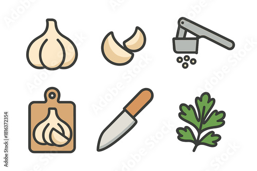 Kitchen cooking set with garlic bulb, cloves, press, cutting board, knife, and fresh parsley