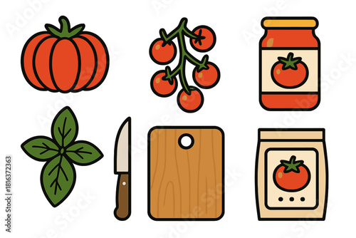 Fresh tomatoes, basil, kitchen tools, and packaged tomato products for cooking Italian cuisine