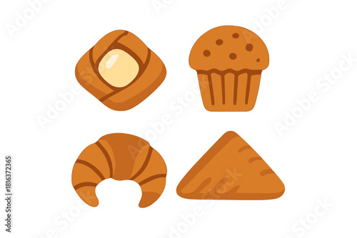 Set of four popular baked goods: croissant, muffin, Danish pastry, and triangular turnover