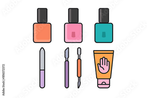 Colorful collection of manicure and pedicure tools with nail polish, file, and hand cream tube