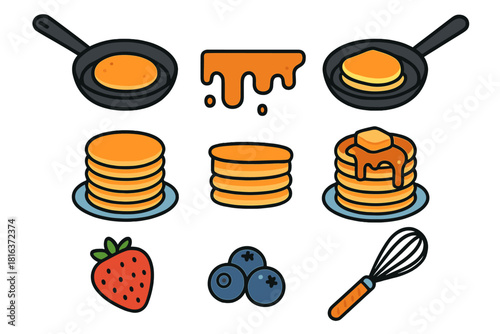 Set of breakfast food icons featuring pancakes, frying pan, maple syrup, fresh berries, and kitchen whisk