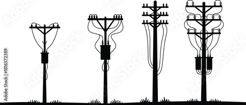 Electric utility poles silhouette with power lines and transformers, high voltage transmission structures illustration for infrastructure, energy supply and industrial design
