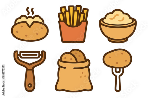 Potato preparations including french fries, mashed, baked, raw tubers, and kitchen peeler