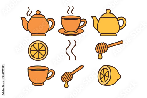 Set of graphic elements for hot tea preparation including teapots, cups, lemon, and honey