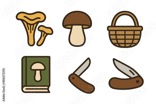 Wild chanterelle and boletus mushrooms with foraging basket, guide book, and pocket knife